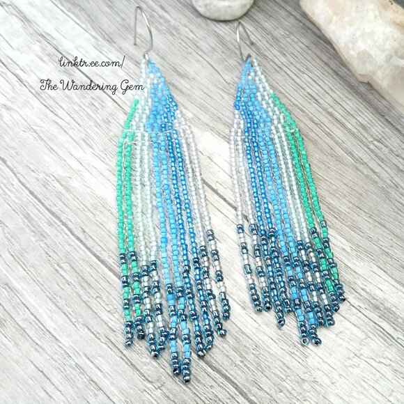 Boho Chic Beaded Fringe Cascade Shoulder Duster Dangle Earrings 4" - Picture 6 of 9